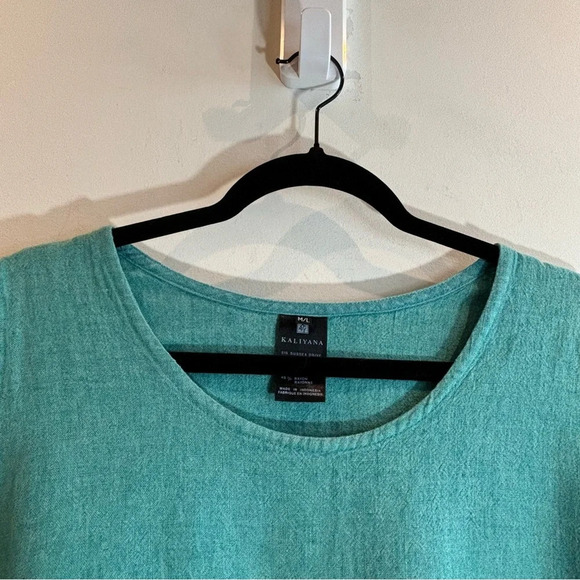 KALIYANA SZ M-L Crew Neck Colour Block Side Slit Linen Rayon Blend Tunic Top - Picture 2 of 5